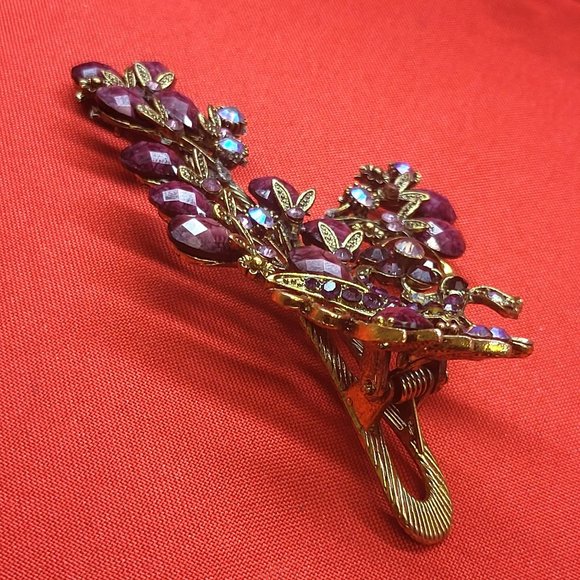 VTG Peacock Hair Clip Claw Purple Acrylic Stones Rhinestones Repaired main image 8